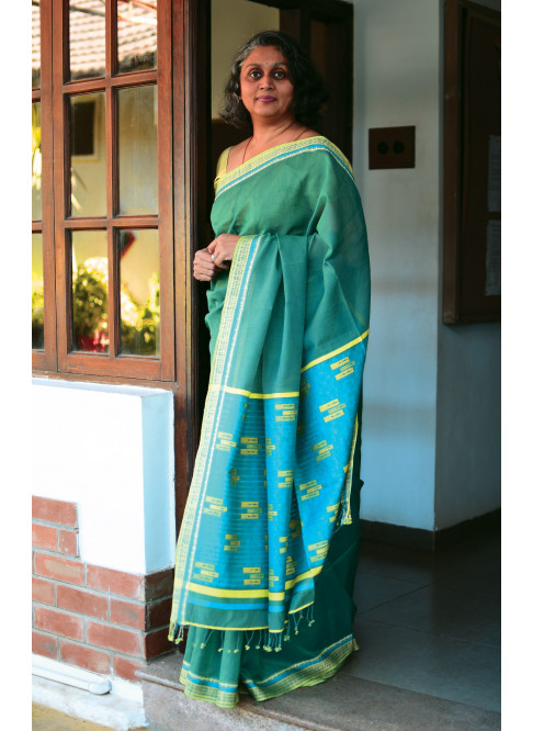 Greenish Blue, Handwoven Organic Cotton, Textured Weave , Jacquard, Work Wear Saree